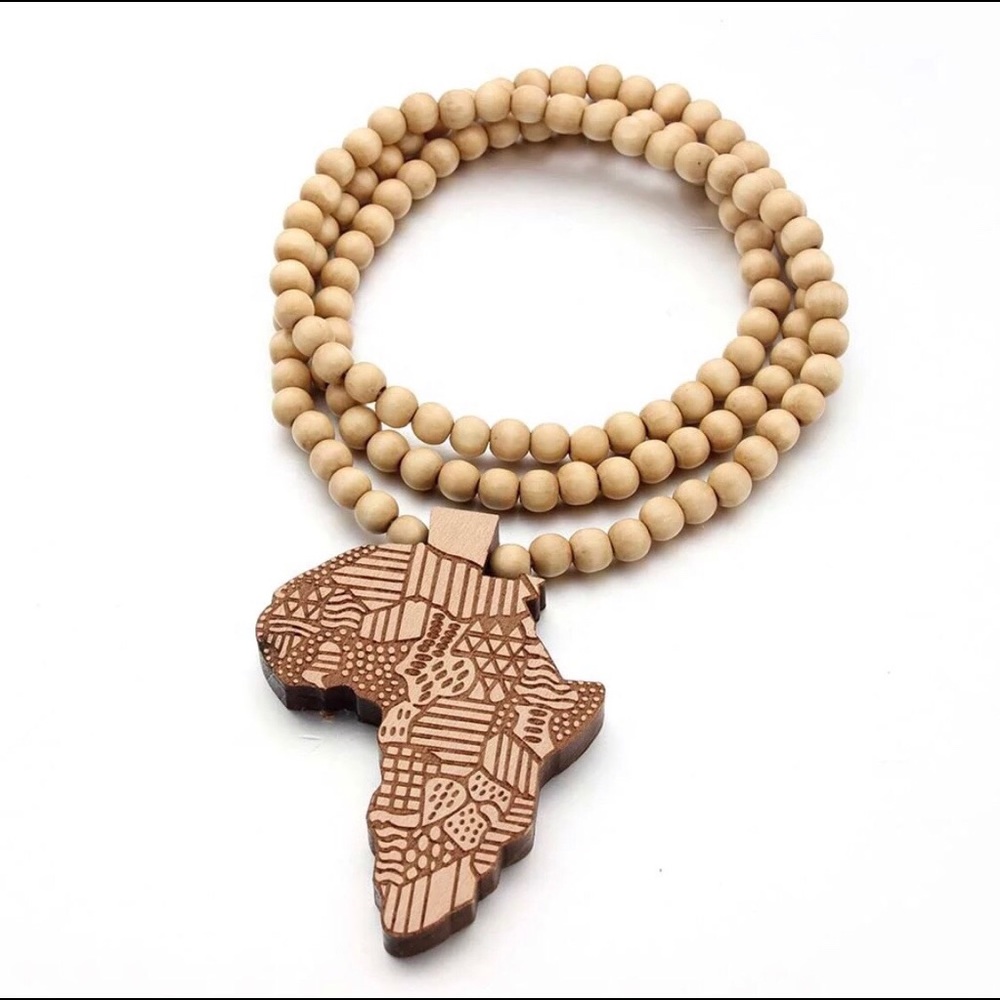 African Continent Map Beaded Wood Necklace